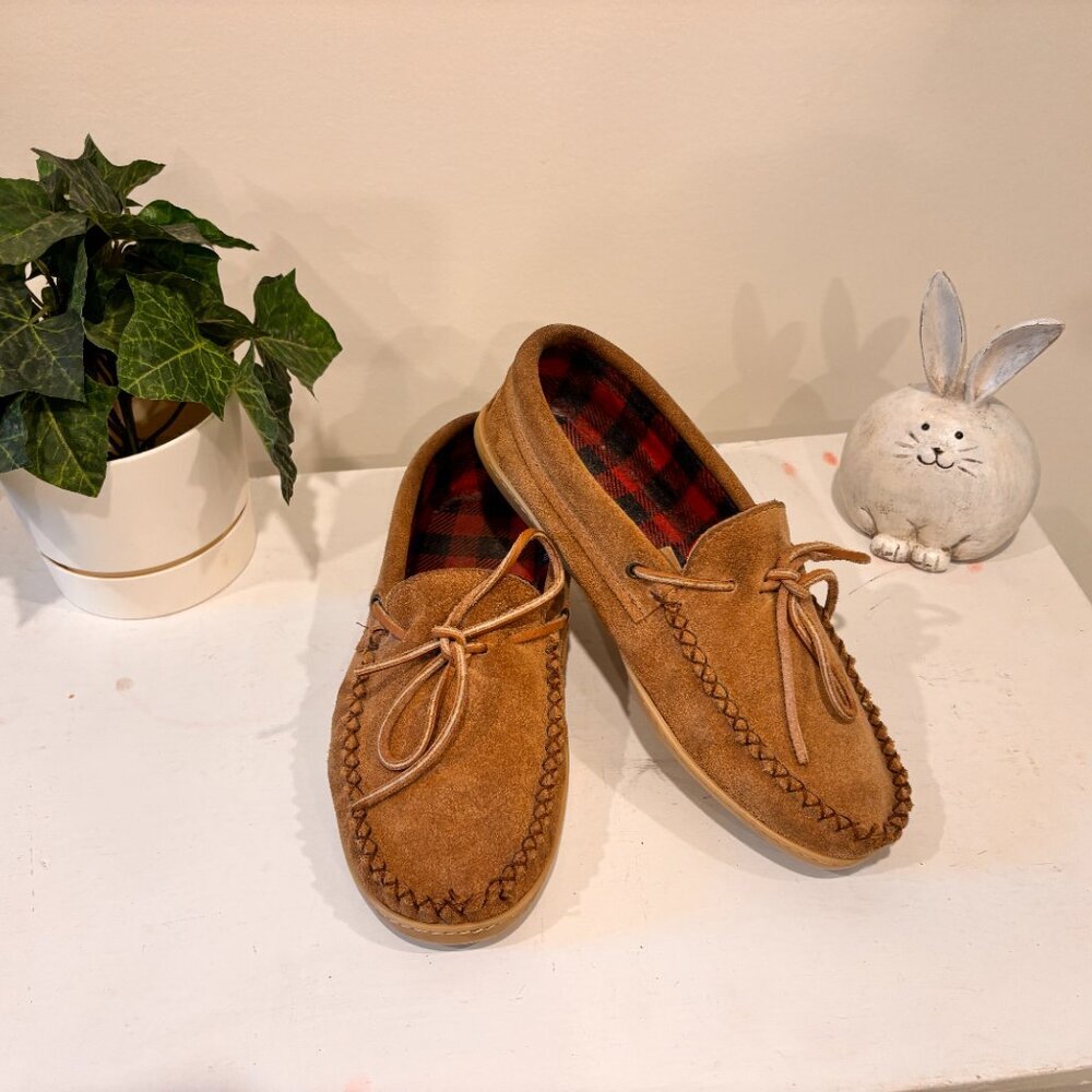 Laurentian Chief Driving Moc 2 eyelets collar plaid wool lined natural sole Sz10